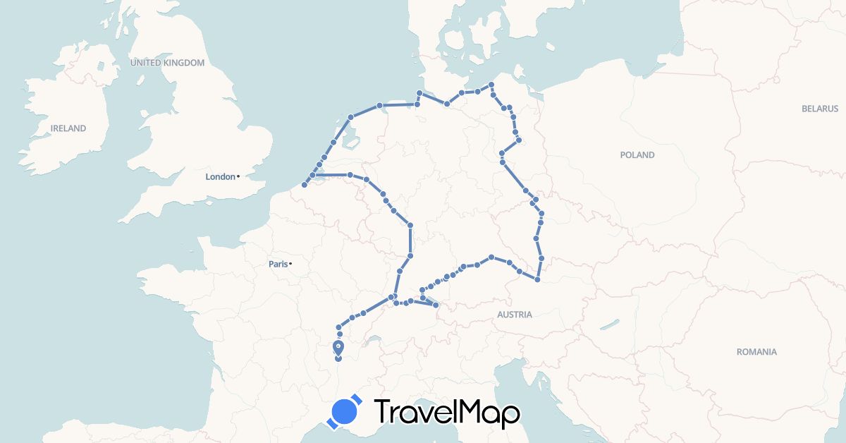 TravelMap itinerary: driving, cycling in Austria, Belgium, Switzerland, Czech Republic, Germany, France, Netherlands (Europe)