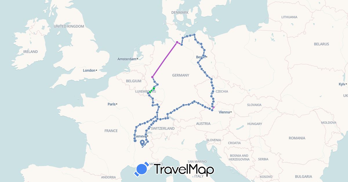 TravelMap itinerary: driving, bus, cycling, train in Austria, Switzerland, Czech Republic, Germany, France, Luxembourg (Europe)